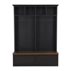 Okak Farmhouse Hall Tree with Wood Grain Bench, Versatile Storage Rack with 2 Large Drawers, Entryway Storage for Hallway, Living Room, Black+Walnut