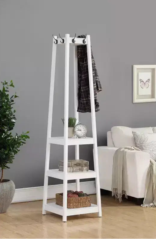 Freestanding Coat Rack with Wooden Frame, Hall Tree with 3-Tier Storage Shelves and Silver Finish, Coat Tree for Bedroom, Living Room, White