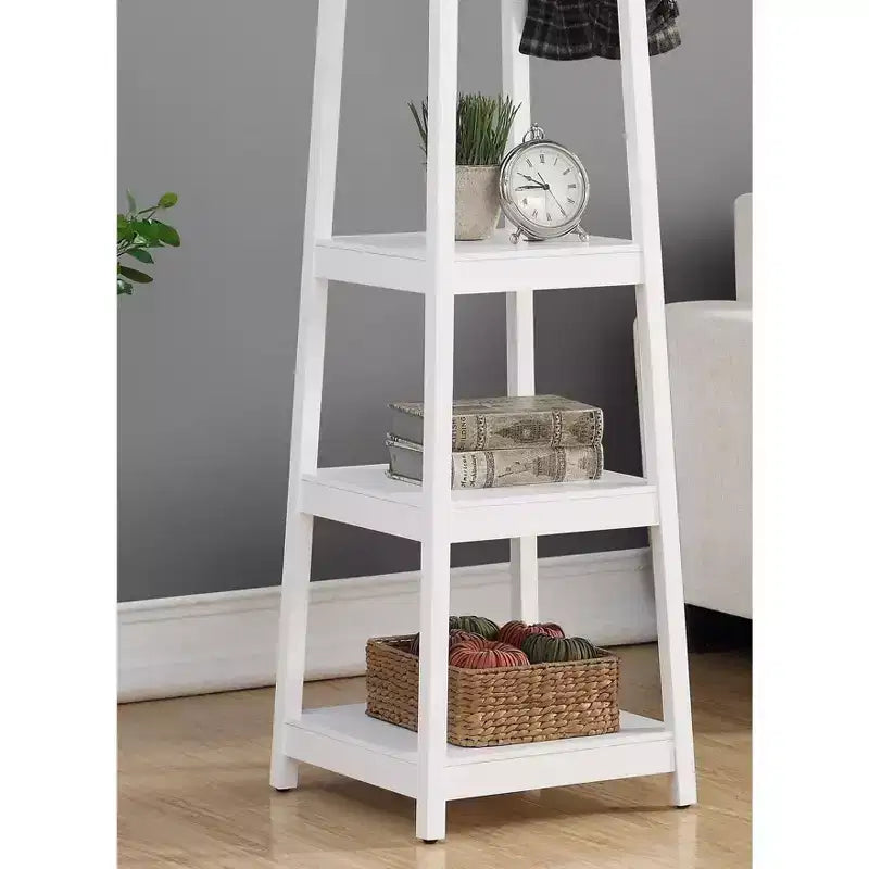 Freestanding Coat Rack with Wooden Frame, Hall Tree with 3-Tier Storage Shelves and Silver Finish, Coat Tree for Bedroom, Living Room, White