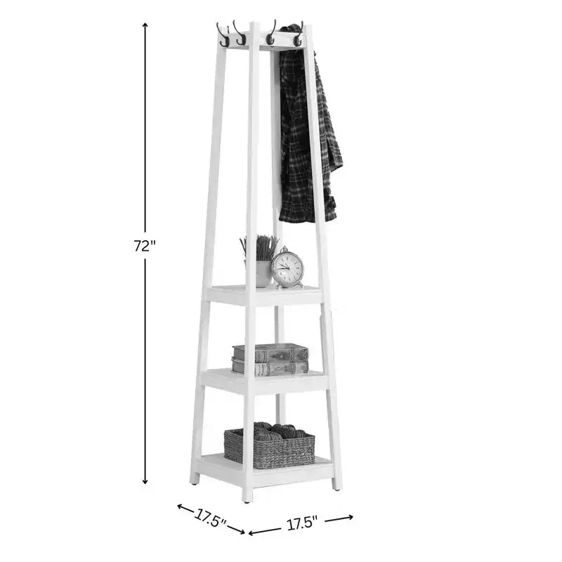 Freestanding Coat Rack with Wooden Frame, Hall Tree with 3-Tier Storage Shelves and Silver Finish, Coat Tree for Bedroom, Living Room, White