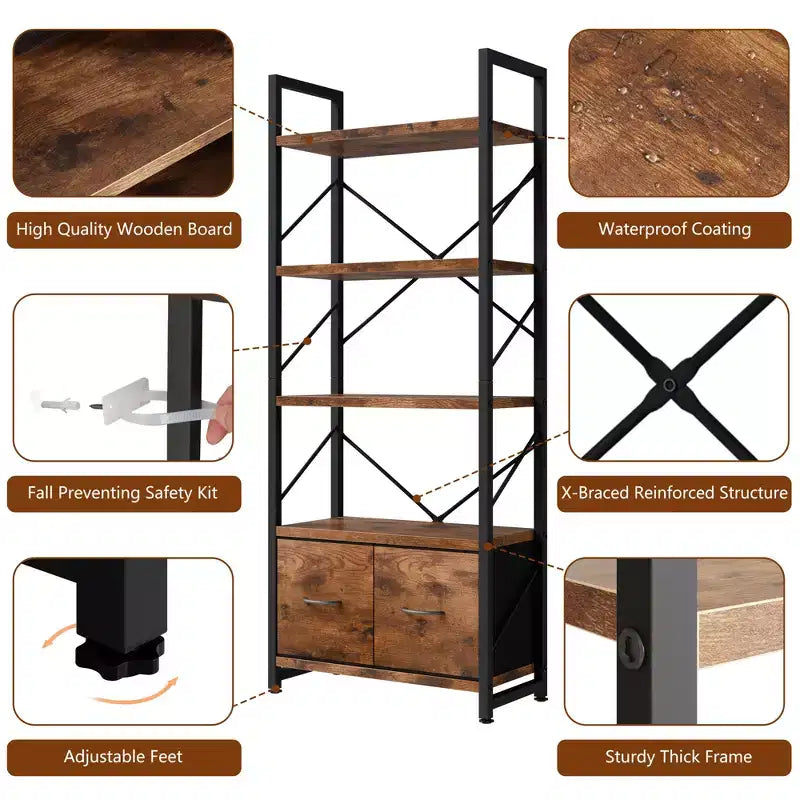 Celebalcony 5 Tier Bookshelf with 2 Drawers, Standing Shelf Units, Wood and Metal Storage Organizer, Bookcase for Home, Office Bedroom, Rustic Brown