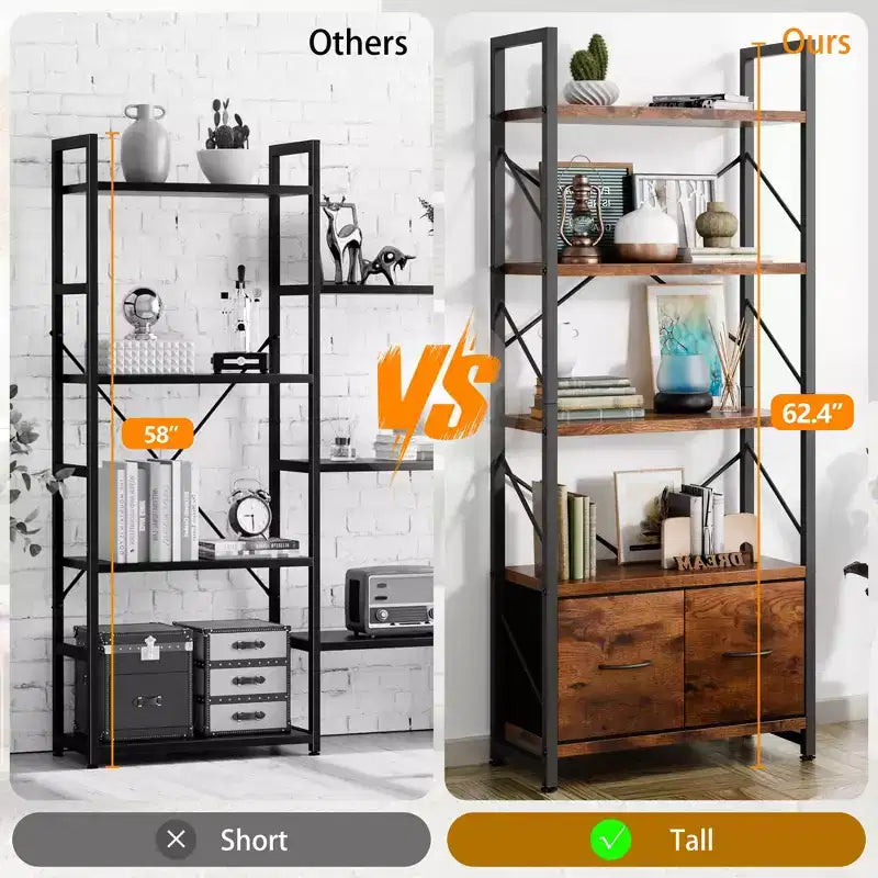 Celebalcony 5 Tier Bookshelf with 2 Drawers, Standing Shelf Units, Wood and Metal Storage Organizer, Bookcase for Home, Office Bedroom, Rustic Brown