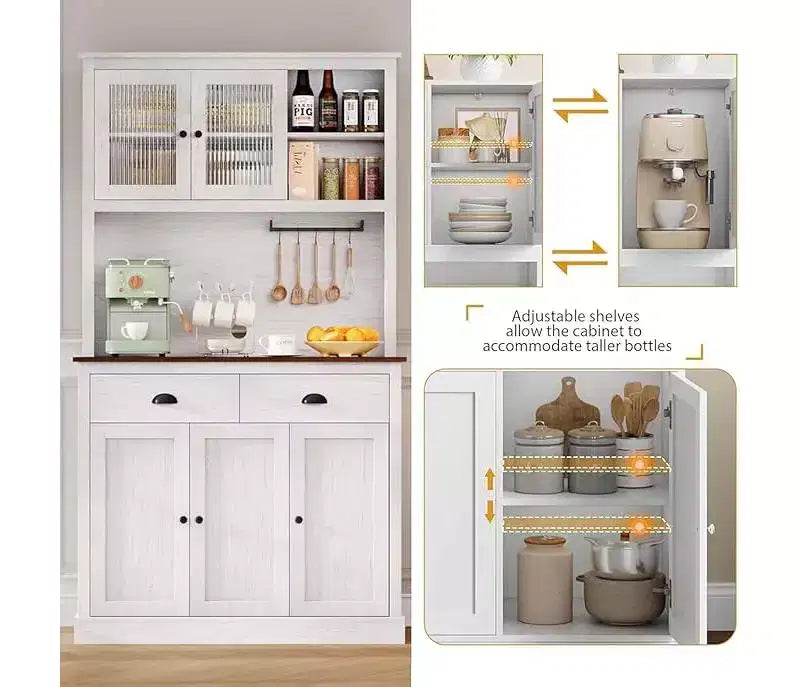 71 Wood Kitchen Pantry Storage Cabinet, Freestanding Buffet Hutch with Microwave Stand, Coffee Bar, 2 Drawers, 5 Doors & Shelves for Dining Room