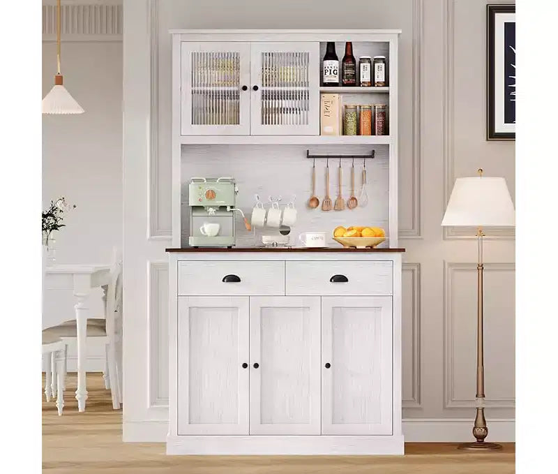 71 Wood Kitchen Pantry Storage Cabinet, Freestanding Buffet Hutch with Microwave Stand, Coffee Bar, 2 Drawers, 5 Doors & Shelves for Dining Room