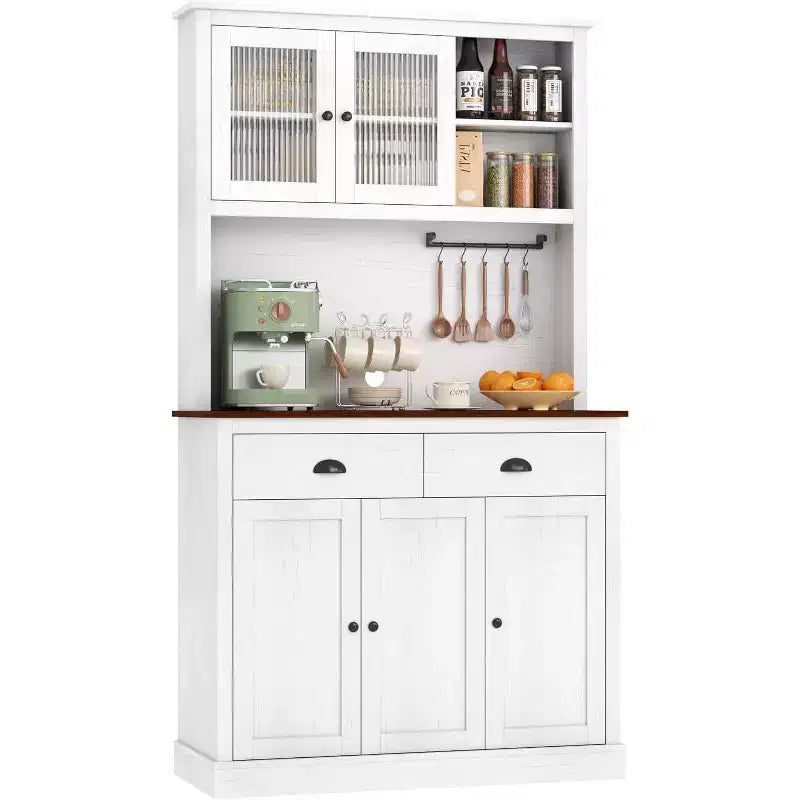 71 Wood Kitchen Pantry Storage Cabinet, Freestanding Buffet Hutch with Microwave Stand, Coffee Bar, 2 Drawers, 5 Doors & Shelves for Dining Room