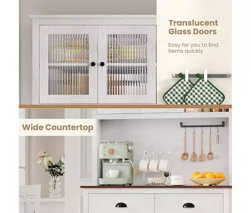 71 Wood Kitchen Pantry Storage Cabinet, Freestanding Buffet Hutch with Microwave Stand, Coffee Bar, 2 Drawers, 5 Doors & Shelves for Dining Room