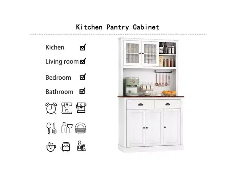 71 Wood Kitchen Pantry Storage Cabinet, Freestanding Buffet Hutch with Microwave Stand, Coffee Bar, 2 Drawers, 5 Doors & Shelves for Dining Room
