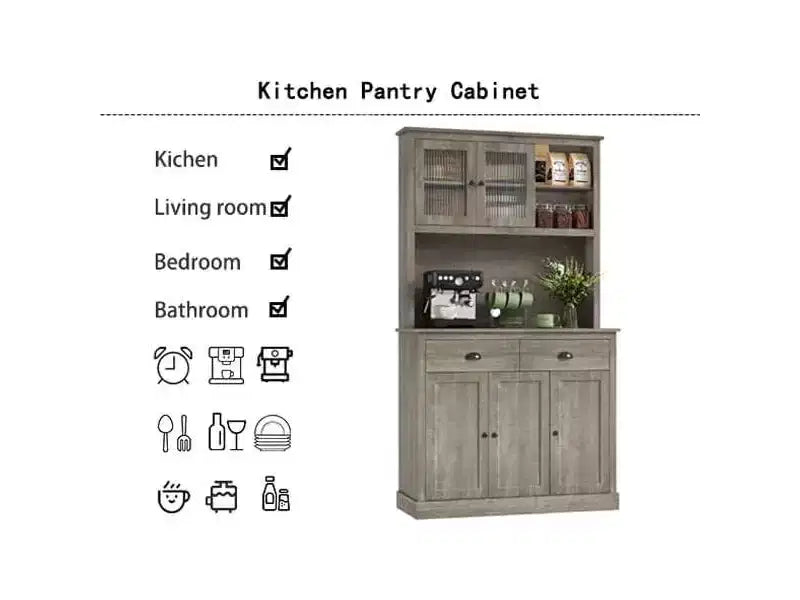 71 Wood Kitchen Pantry Storage Cabinet, Freestanding Buffet Hutch with Microwave Stand, Coffee Bar, 2 Drawers, 5 Doors & Shelves for Dining Room