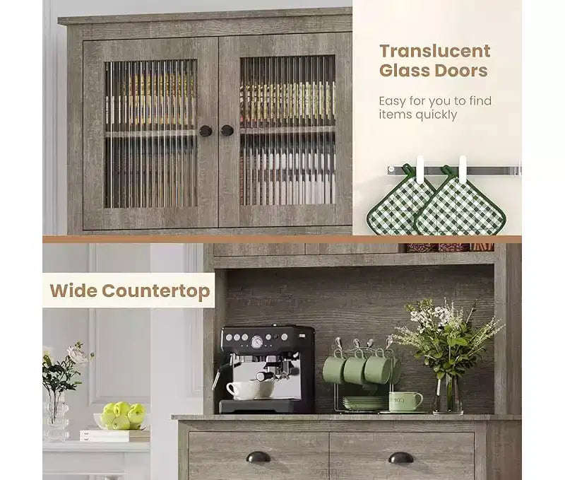 71 Wood Kitchen Pantry Storage Cabinet, Freestanding Buffet Hutch with Microwave Stand, Coffee Bar, 2 Drawers, 5 Doors & Shelves for Dining Room