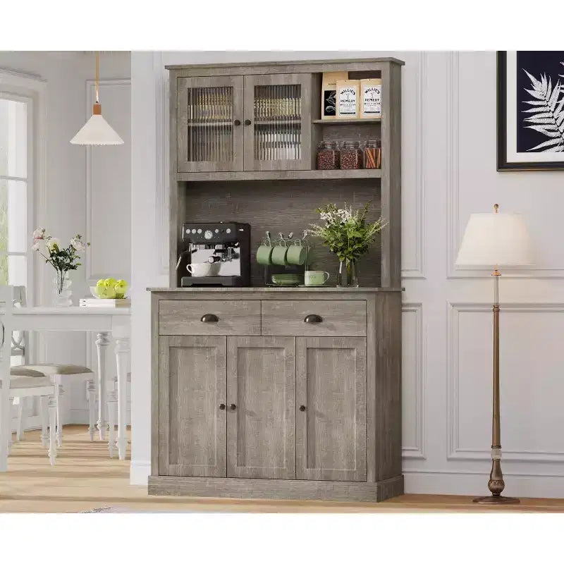 71 Wood Kitchen Pantry Storage Cabinet, Freestanding Buffet Hutch with Microwave Stand, Coffee Bar, 2 Drawers, 5 Doors & Shelves for Dining Room
