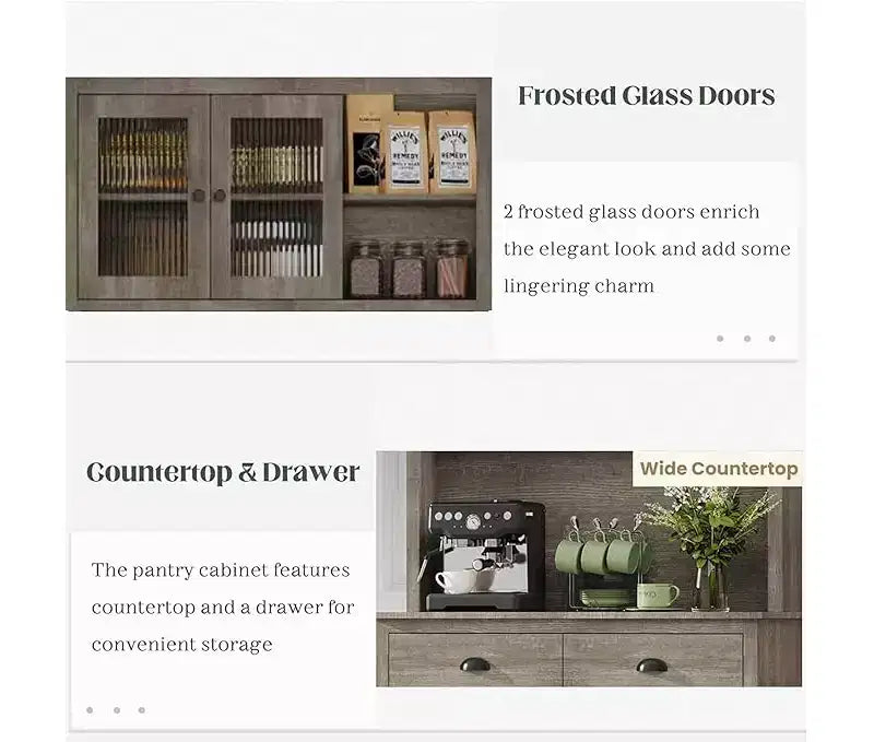 71 Wood Kitchen Pantry Storage Cabinet, Freestanding Buffet Hutch with Microwave Stand, Coffee Bar, 2 Drawers, 5 Doors & Shelves for Dining Room