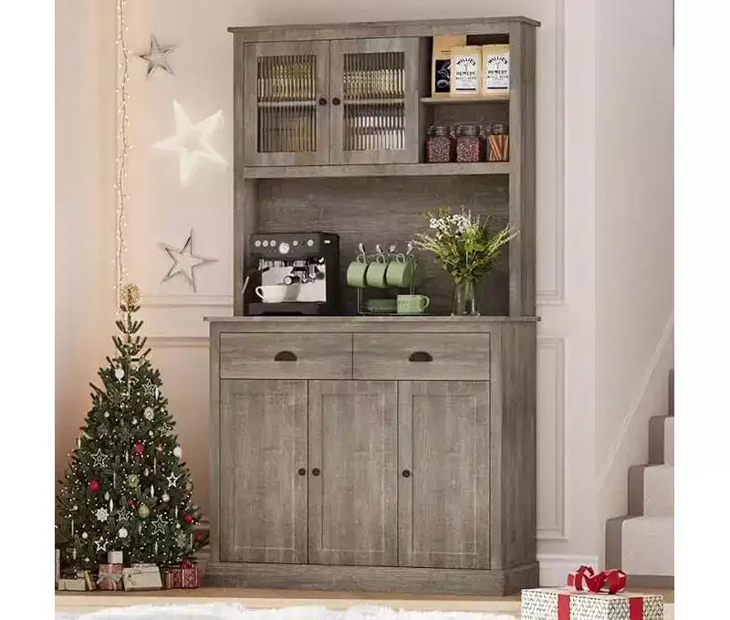 71 Wood Kitchen Pantry Storage Cabinet, Freestanding Buffet Hutch with Microwave Stand, Coffee Bar, 2 Drawers, 5 Doors & Shelves for Dining Room