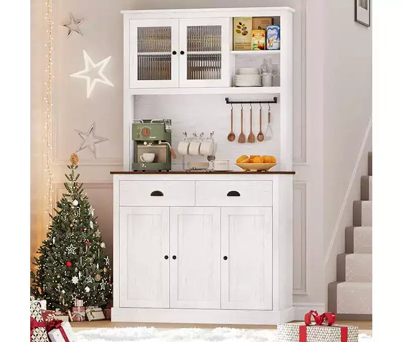 71 Wood Kitchen Pantry Storage Cabinet, Freestanding Buffet Hutch with Microwave Stand, Coffee Bar, 2 Drawers, 5 Doors & Shelves for Dining Room