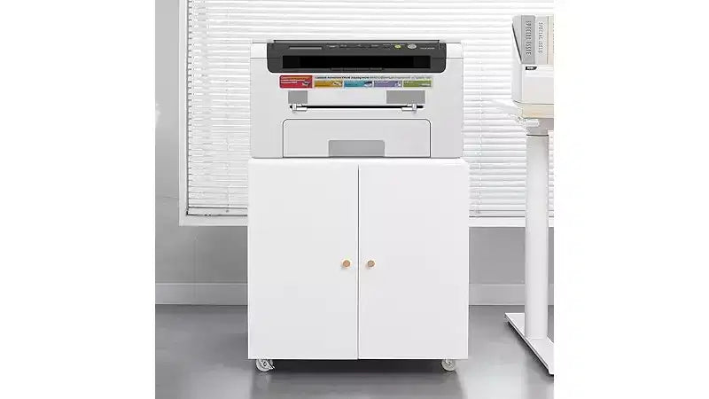 Metal Printer Stand with Storage, Mobile Rolling File Cabinet with Doors and Adjustable Shelf, Modern Printer Table on Wheels
