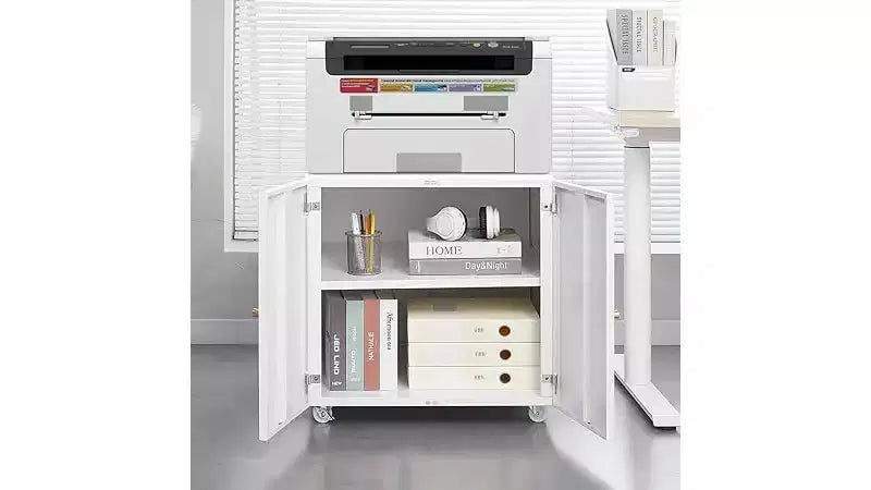 Metal Printer Stand with Storage, Mobile Rolling File Cabinet with Doors and Adjustable Shelf, Modern Printer Table on Wheels