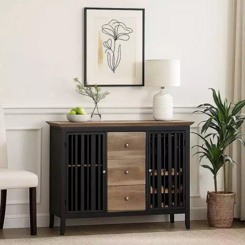 47 Inch Sideboard Buffet, 3 Drawers, Antique Oak Brown and Black