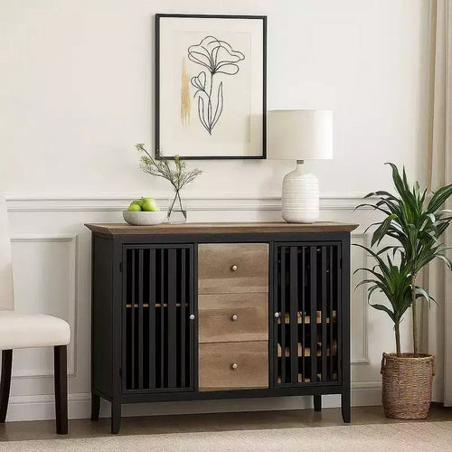 47 Inch Sideboard Buffet, 3 Drawers, Antique Oak Brown and Black