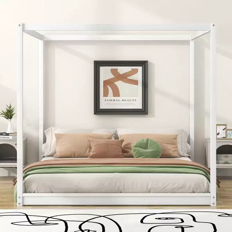 Canopy Platform Bed, Wooden Bed Frame with Low Base Support Legs, Easy Assembly, for Kids Boys Girls Teens