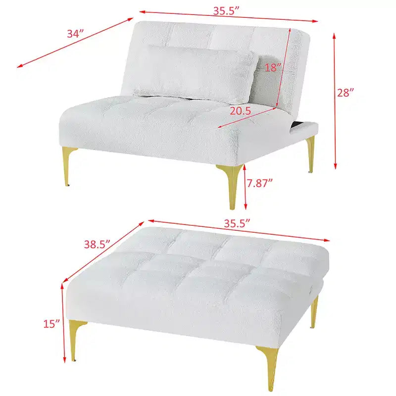Divano Convertibile, Moderno Divano Letto Futon in Tessuto Teddy con Schienale Regolabile e Cuscino, Gambe in Metallo Dorato – Ideale per Soggiorni di Piccole Dimensioni