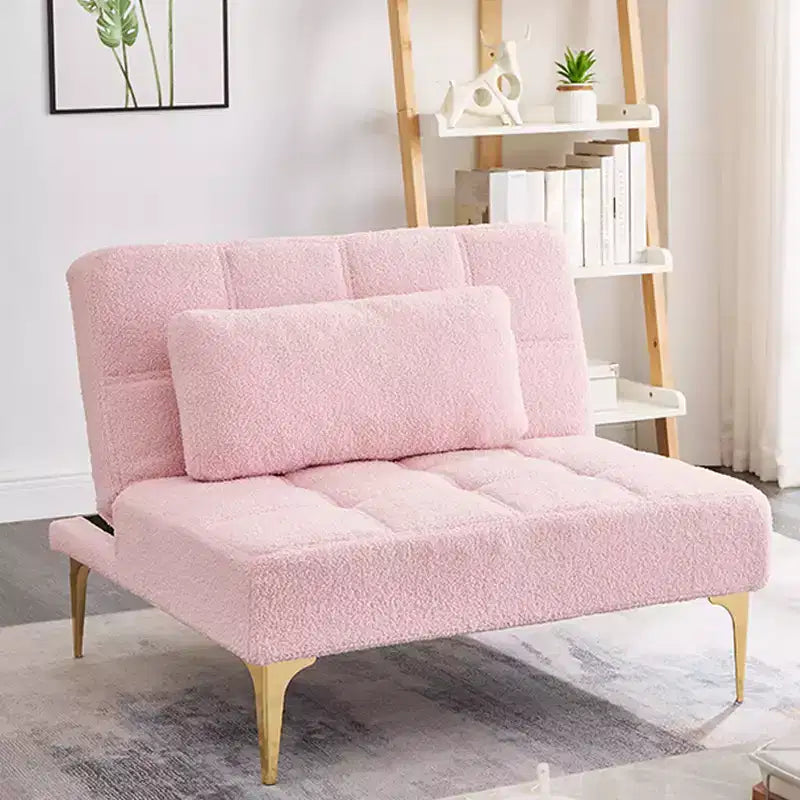 Convertible Sofa, Modern Teddy Fabric Futon Sleeper Sofa Bed with Adjustable Backrest & Pillow, Gold Metal Legs for Small Spaces Living Room