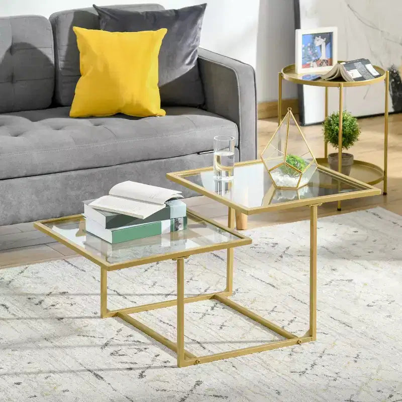 Coffee Table, Tempered Glass Coffee Table with 2 Square Tabletops, Modern Coffee Tables for Living Room, Bedroom