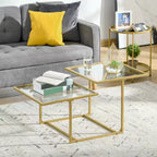 Coffee Table, Tempered Glass Coffee Table with 2 Square Tabletops, Modern Coffee Tables for Living Room, Bedroom