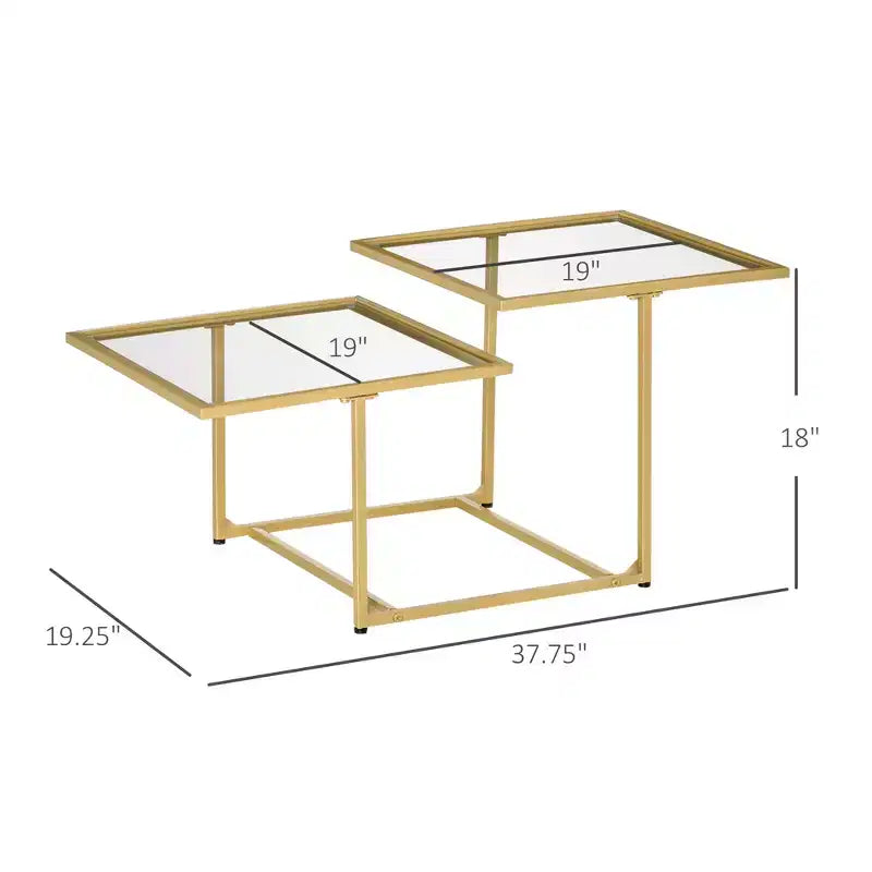Coffee Table, Tempered Glass Coffee Table with 2 Square Tabletops, Modern Coffee Tables for Living Room, Bedroom