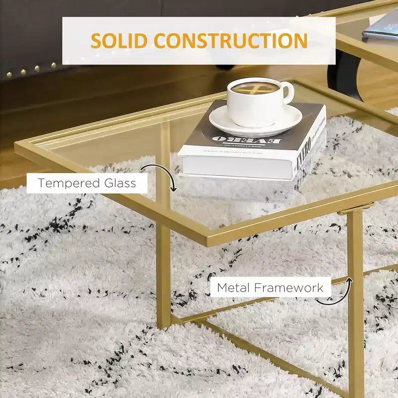 Coffee Table, Tempered Glass Coffee Table with 2 Square Tabletops, Modern Coffee Tables for Living Room, Bedroom