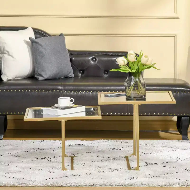 Coffee Table, Tempered Glass Coffee Table with 2 Square Tabletops, Modern Coffee Tables for Living Room, Bedroom
