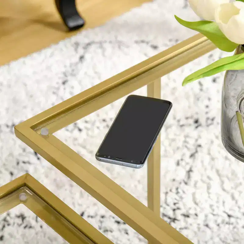 Coffee Table, Tempered Glass Coffee Table with 2 Square Tabletops, Modern Coffee Tables for Living Room, Bedroom