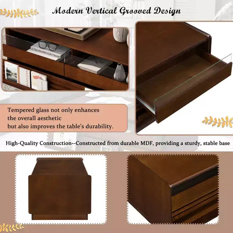 47.2 Modern Rectangle Coffee Table with 4 Drawers, 2 Display Shelves and Tempered Glass Top