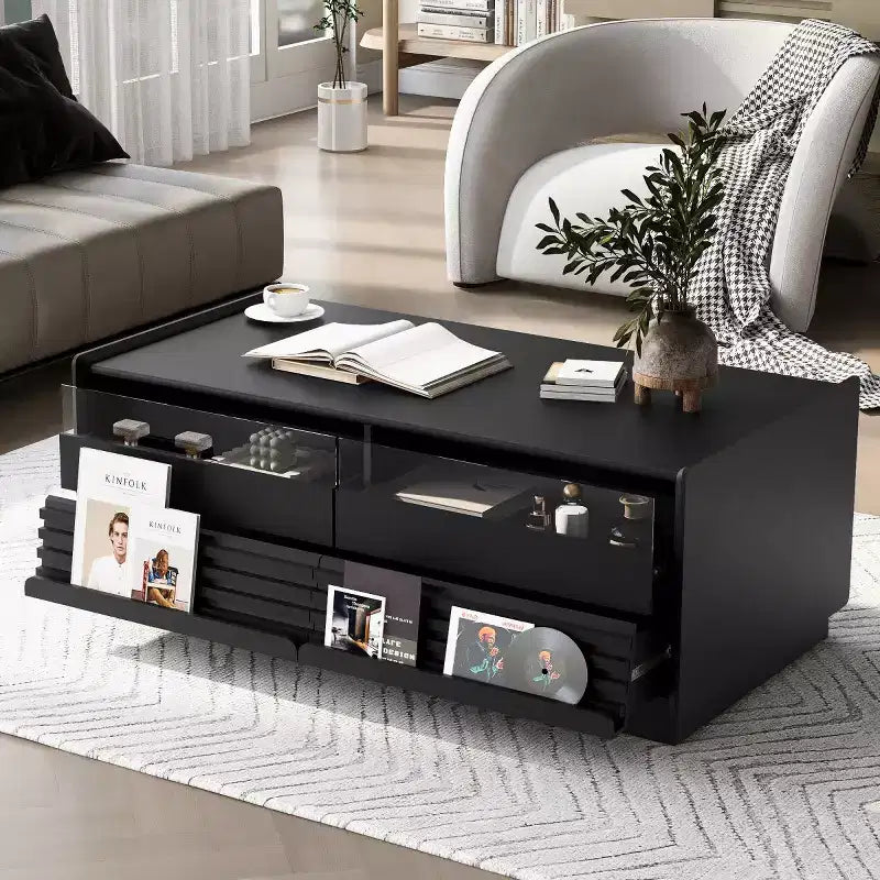 47.2 Modern Rectangle Coffee Table with 4 Drawers, 2 Display Shelves and Tempered Glass Top