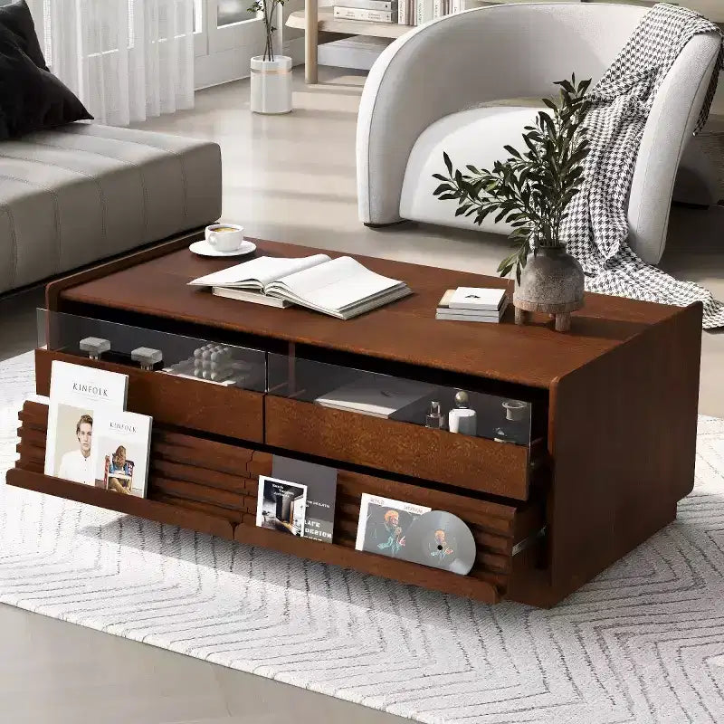 47.2 Modern Rectangle Coffee Table with 4 Drawers, 2 Display Shelves and Tempered Glass Top