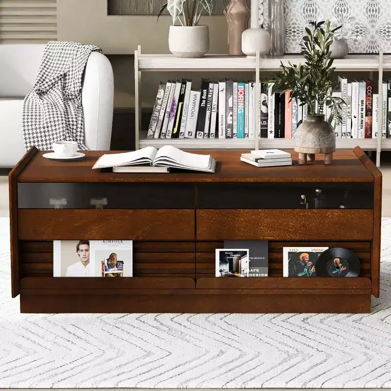 47.2 Modern Rectangle Coffee Table with 4 Drawers, 2 Display Shelves and Tempered Glass Top