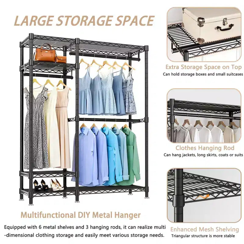 76 Heavy Duty Metal Garment Rack with 6 Shelves and 3 Hanging Rods