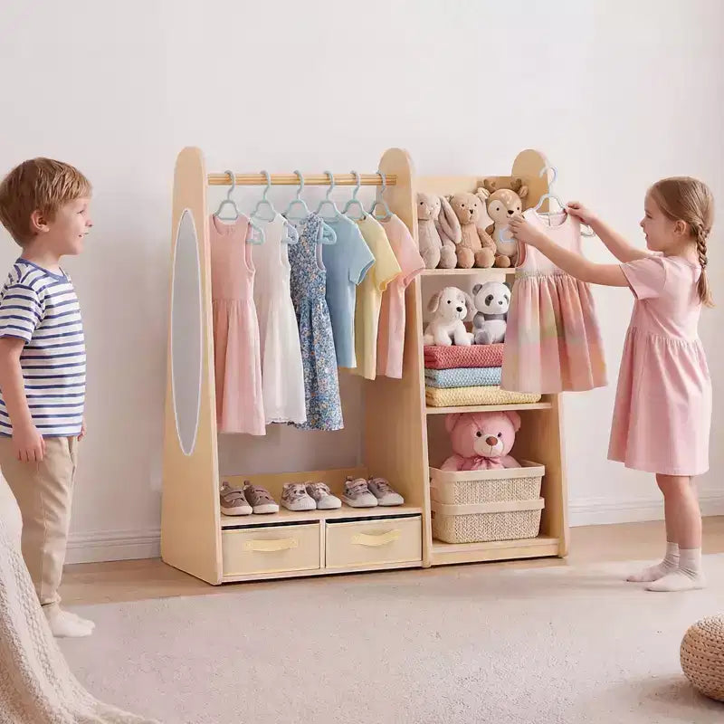 Mobile contenitore per travestimenti per bambini, con specchio – Armadio guardaroba per bambine, con ripiani e vassoio inferiore