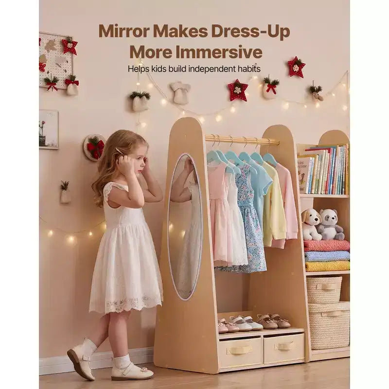 Mobile contenitore per travestimenti per bambini, con specchio – Armadio guardaroba per bambine, con ripiani e vassoio inferiore