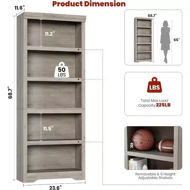 Libreria a 2/3/5/6 Ripiani, Stile Farmhouse, Larghezza 23,6"/31,5" con Ripiani Regolabili – Scaffale a Giorno con Design Antiscivolo per Casa e Ufficio