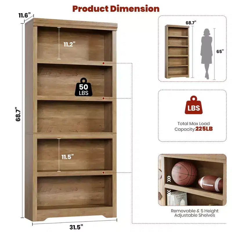 Libreria a 2/3/5/6 Ripiani, Stile Farmhouse, Larghezza 23,6"/31,5" con Ripiani Regolabili – Scaffale a Giorno con Design Antiscivolo per Casa e Ufficio