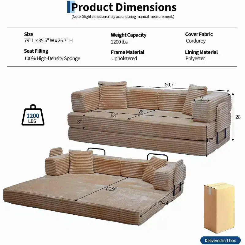 80.7" Divano Letto Convertibile 5-in-1, Divano Pieghevole in Velluto a Coste con Contenitore, 4 Strutture e 2 Cuscini, Nessun Montaggio, Salvaspazio per Casa e Dormitorio – Beige