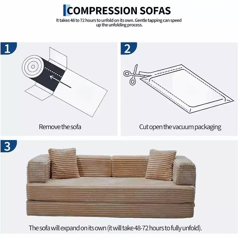 80.7" Divano Letto Convertibile 5-in-1, Divano Pieghevole in Velluto a Coste con Contenitore, 4 Strutture e 2 Cuscini, Nessun Montaggio, Salvaspazio per Casa e Dormitorio – Beige