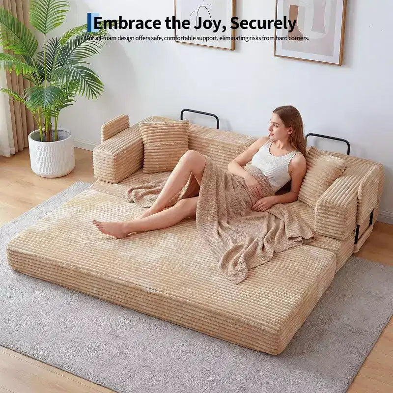 80.7" Divano Letto Convertibile 5-in-1, Divano Pieghevole in Velluto a Coste con Contenitore, 4 Strutture e 2 Cuscini, Nessun Montaggio, Salvaspazio per Casa e Dormitorio – Beige