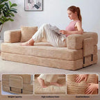 80.7" Divano Letto Convertibile 5-in-1, Divano Pieghevole in Velluto a Coste con Contenitore, 4 Strutture e 2 Cuscini, Nessun Montaggio, Salvaspazio per Casa e Dormitorio – Beige