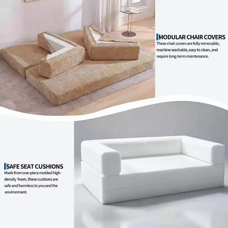 80.7" Divano Letto Convertibile 5-in-1, Divano Pieghevole in Velluto a Coste con Contenitore, 4 Strutture e 2 Cuscini, Nessun Montaggio, Salvaspazio per Casa e Dormitorio – Beige