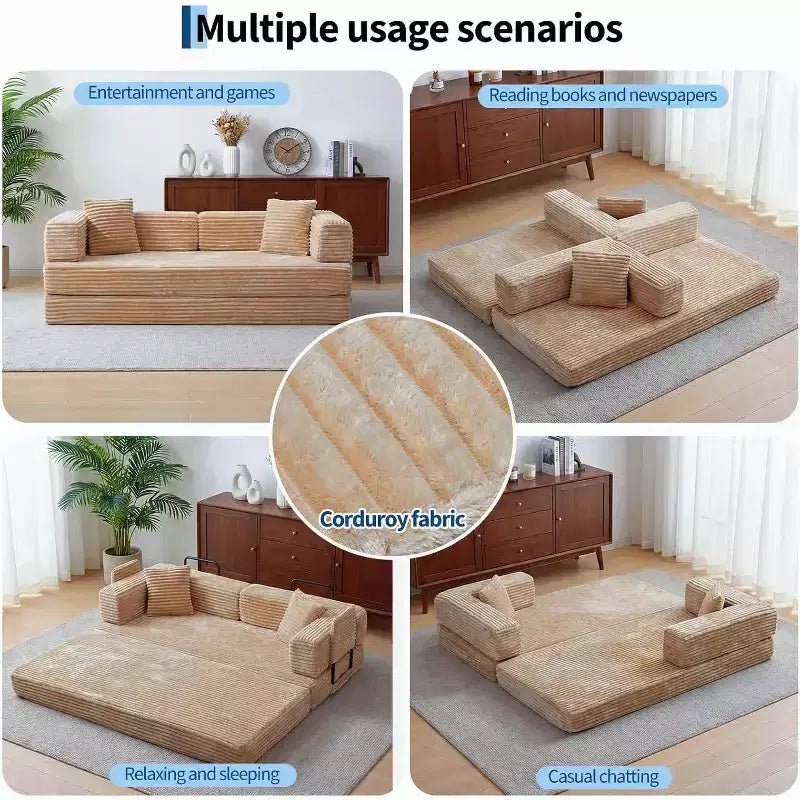 80.7" Divano Letto Convertibile 5-in-1, Divano Pieghevole in Velluto a Coste con Contenitore, 4 Strutture e 2 Cuscini, Nessun Montaggio, Salvaspazio per Casa e Dormitorio – Beige