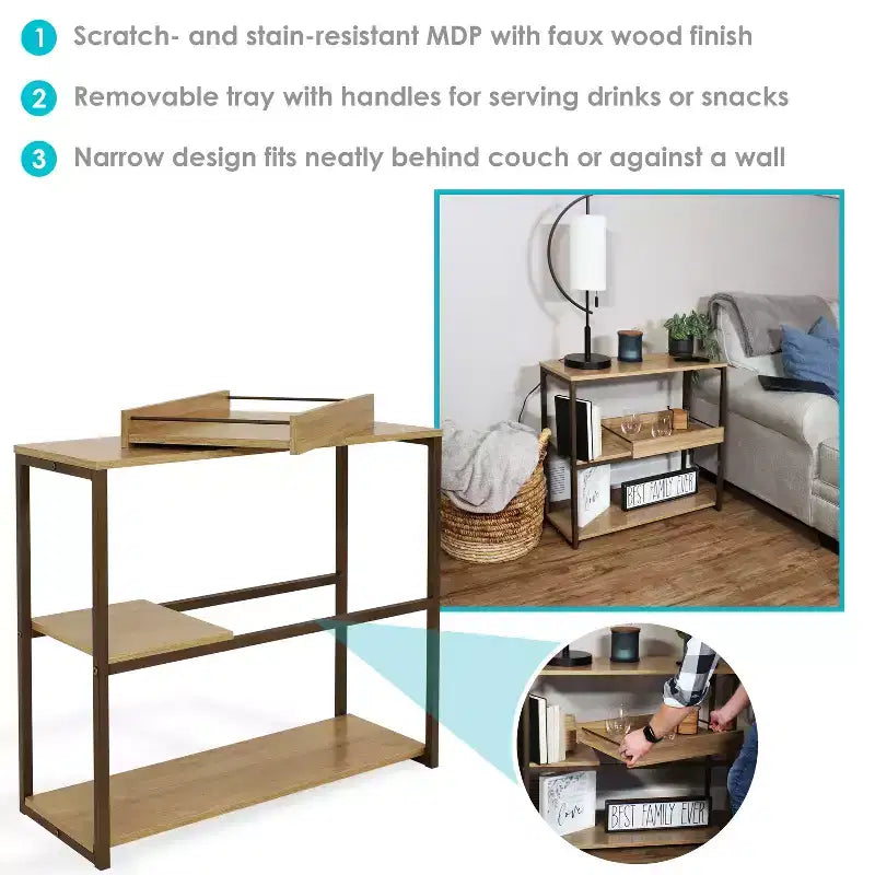 Industrial-Style, 3-Shelf Sofa Table with Removable Serving Tray - Brown - 28.25 in