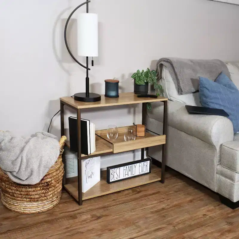 Industrial-Style, 3-Shelf Sofa Table with Removable Serving Tray - Brown - 28.25 in