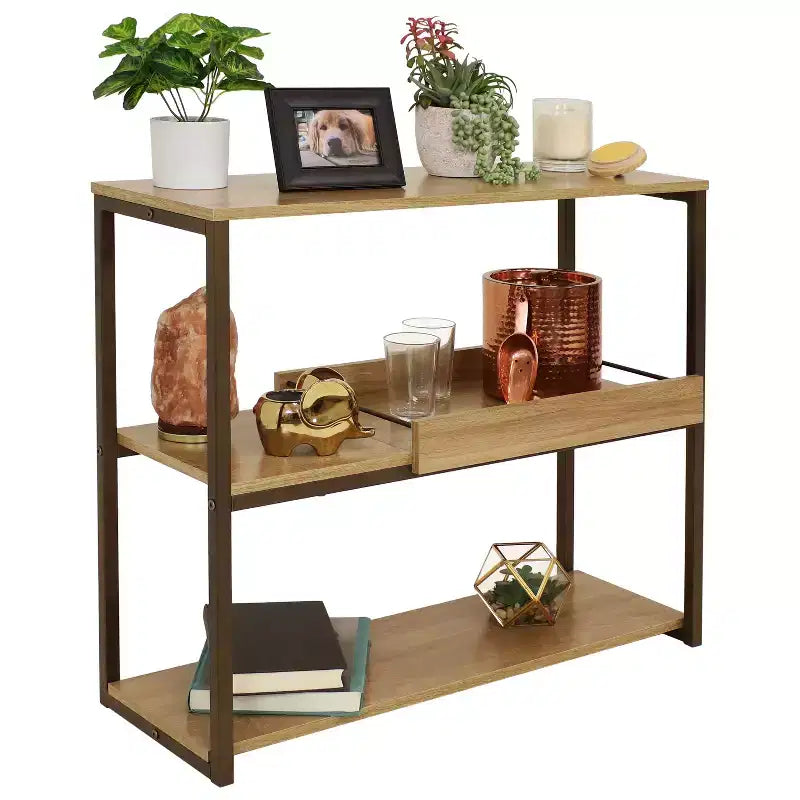 Industrial-Style, 3-Shelf Sofa Table with Removable Serving Tray - Brown - 28.25 in