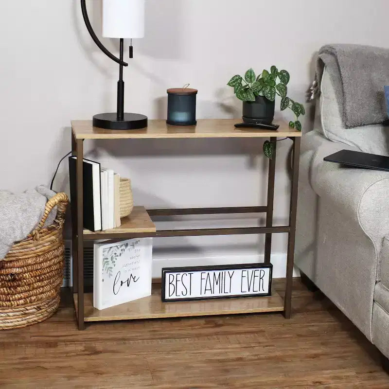 Industrial-Style, 3-Shelf Sofa Table with Removable Serving Tray - Brown - 28.25 in