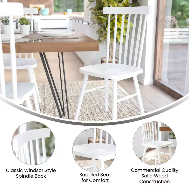 Set of 2 Commercial Grade Windsor Dining Chairs, Solid Wood Armless Spindle Back Restaurant Dining Chairs